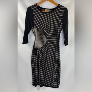 Ann Taylor LOFT Black Tan Knit Striped Asymmetric Dress Women's Size Small